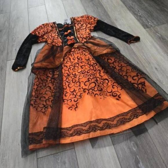 Girls Orange Witch Costume black beautiful dress size girls medium - Picture 2 of 9